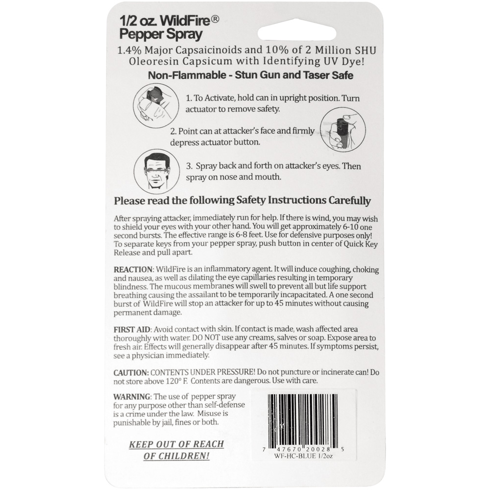 Wildfire 1.4% MC 1/2 oz pepper spray hard case with quick release keychain blue view 3